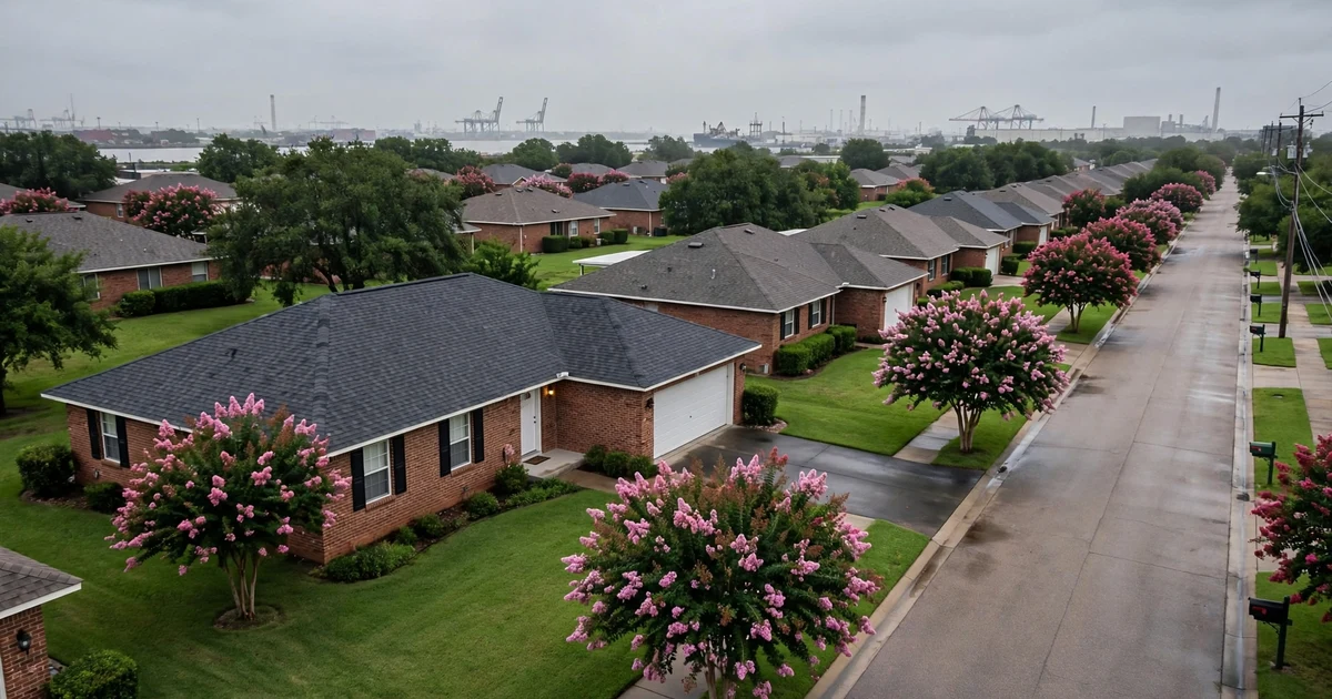 Bayport roof repair in Pasadena: slightly elevated view of a brick ranch with a charcoal architectural shingle roof near the ship channel, overcast sky