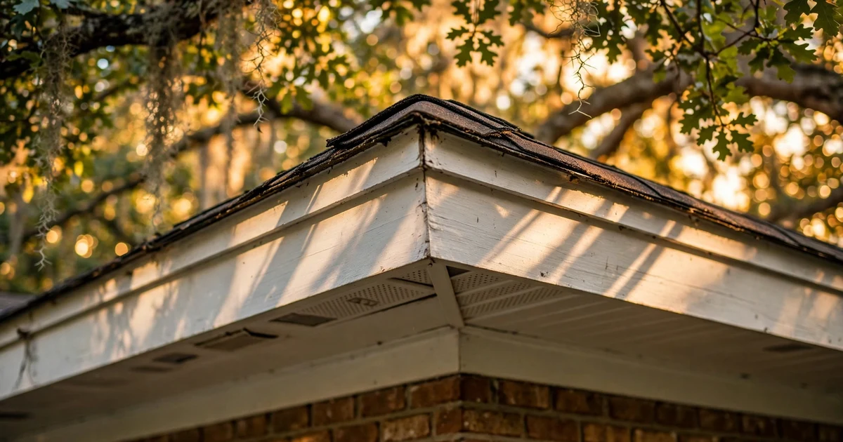 Baywood Oaks roof repair in Pasadena: close-up of a dimensional shingle eave in golden hour light filtering through dense live oaks