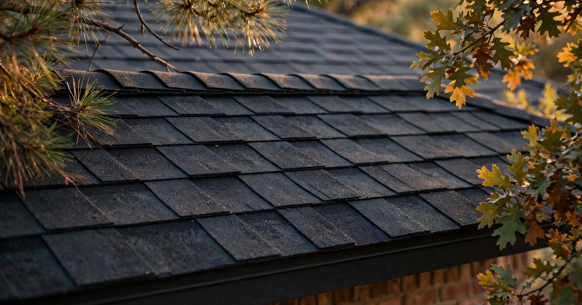 Burkeshire roof repair in Pasadena: close-up of a charcoal architectural shingle ridge with crisp ridge caps at golden hour