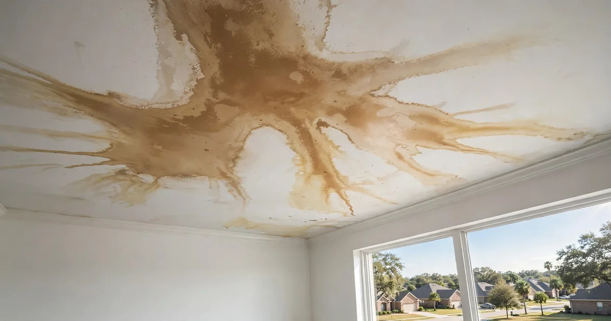 Brown water stain spreading across a white ceiling below a roof leak