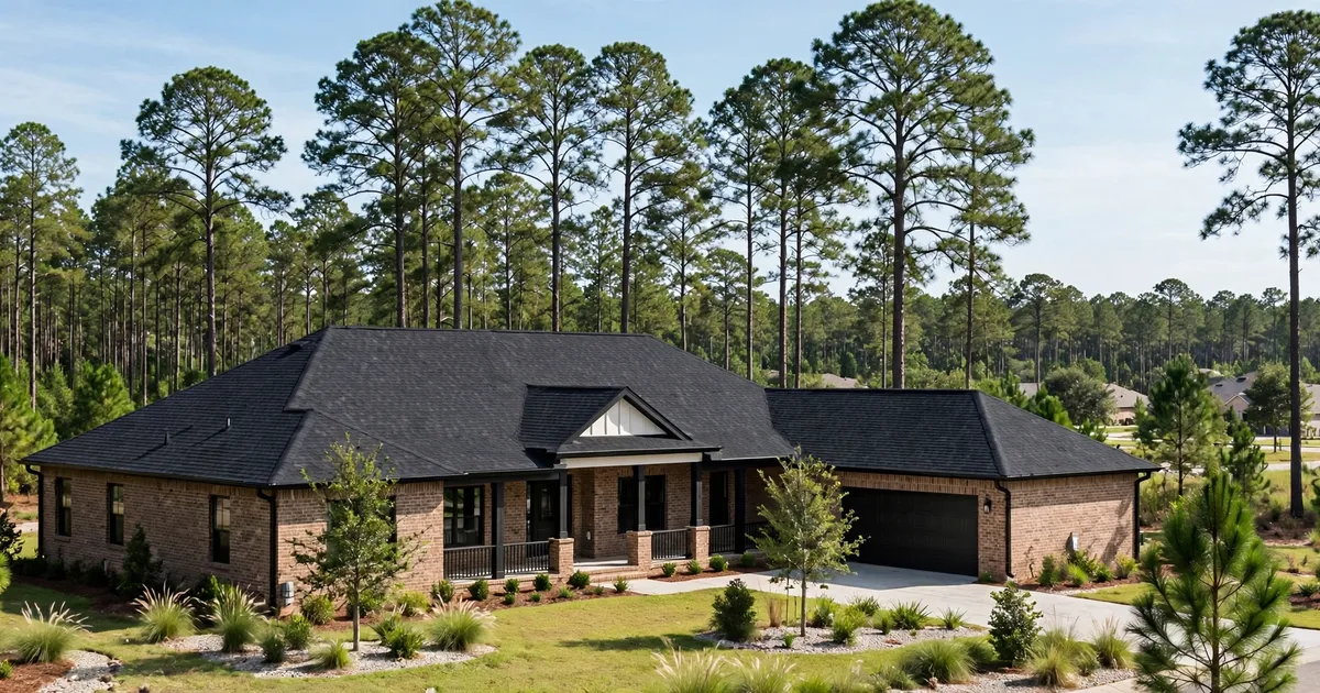 Roof replacement in Conroe: new shingle roof on a pine-shaded suburban home