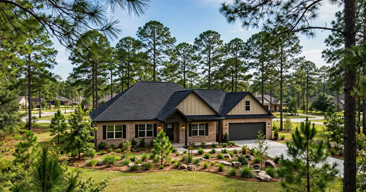 Conroe roofing contractor: pine-tree-surrounded home with dark architectural shingles