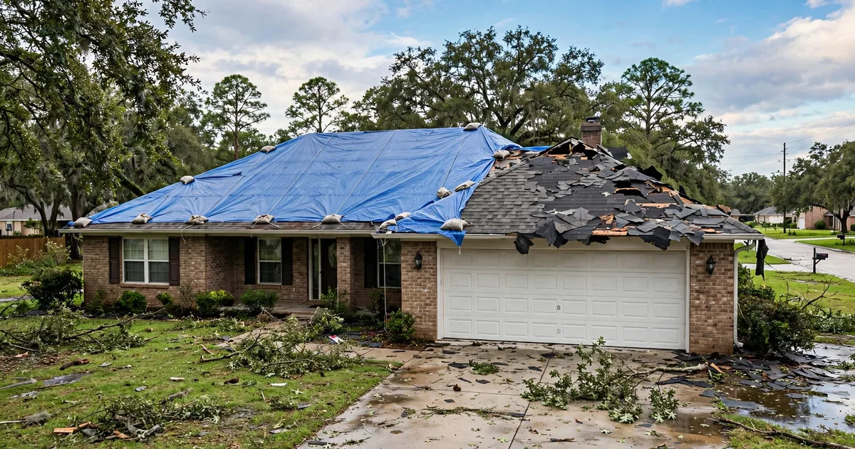 Emergency roof repair: blue tarp covering storm-damaged shingles under clearing skies