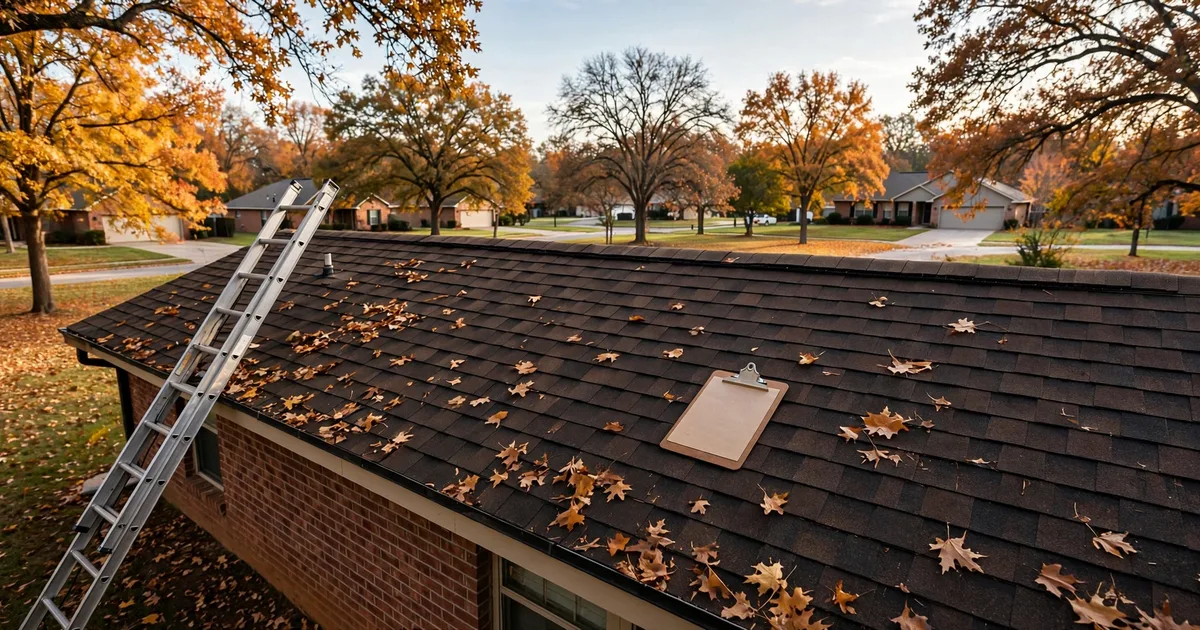 Homeowner inspecting asphalt shingles on a Houston roof during a fall inspection