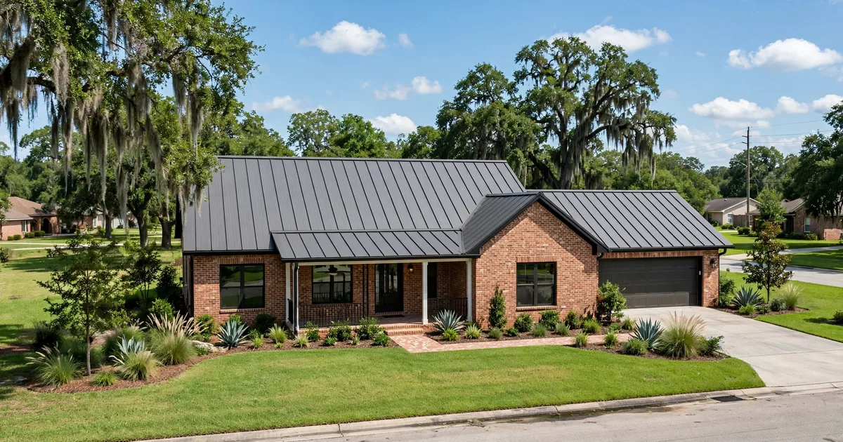Metal roofing in Houston: standing-seam metal roof on a Texas brick home