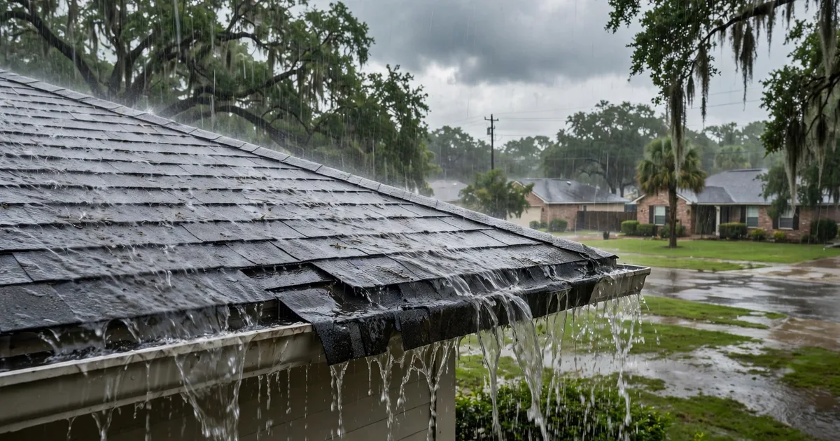 Roof leak in Houston: rain sheeting off wet shingles during a Gulf Coast downpour