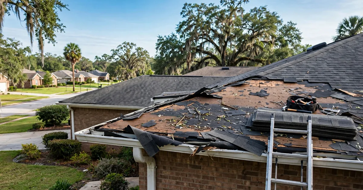 Roof repair in Houston: ladder at the eave beside lifted storm-damaged shingles