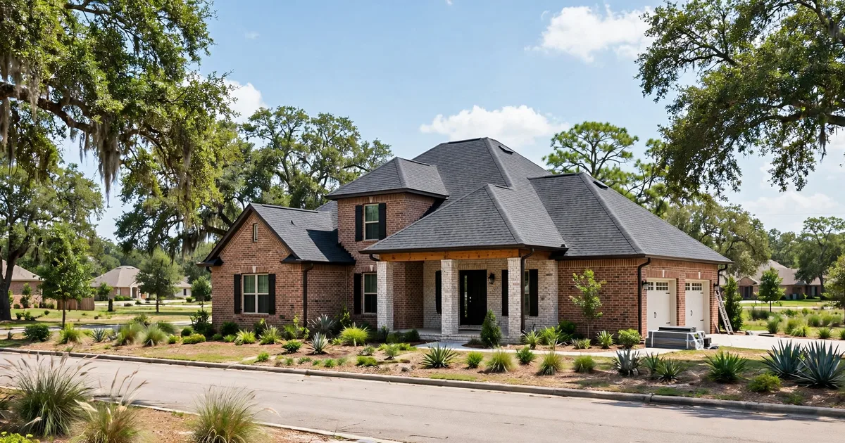 Houston roofing contractor: brick suburban home with a clean architectural shingle roof