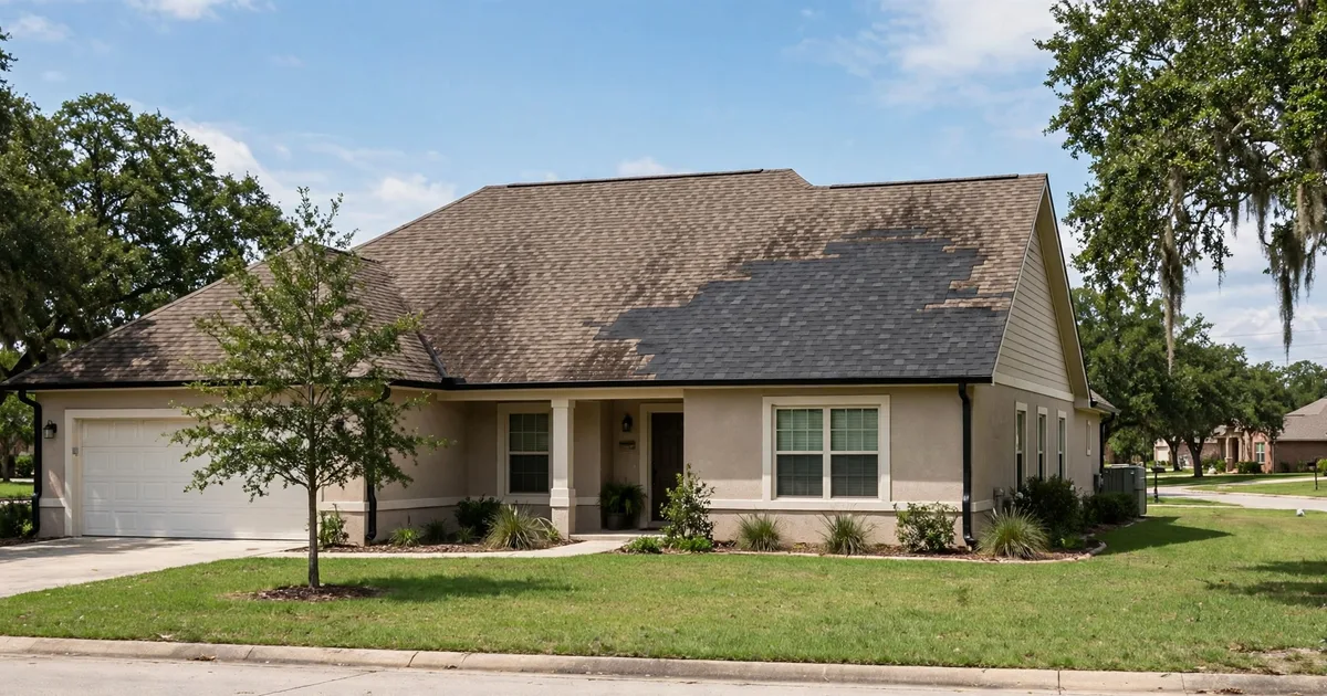 Roof repair in Katy: missing shingles exposing underlayment after a hailstorm