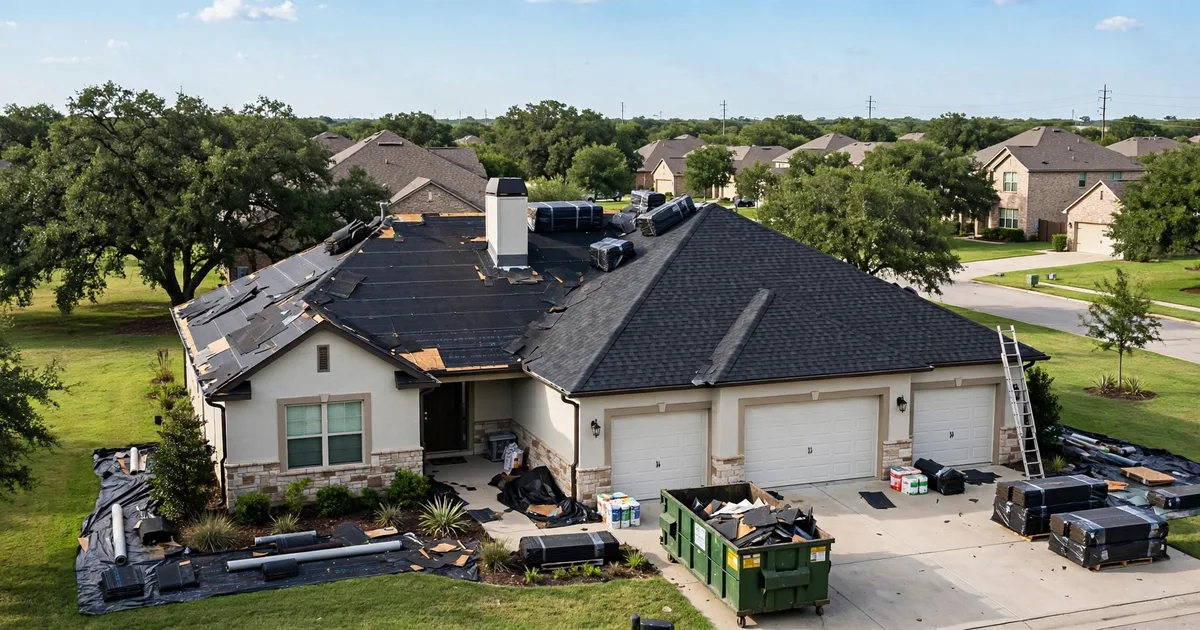 Roof replacement in Katy: new shingle bundles staged on a stripped two-story roof deck