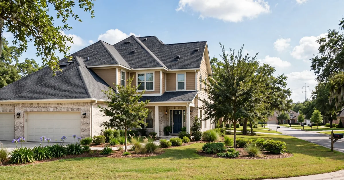 Roofing contractor in Katy, TX: two-story brick home with new dimensional shingle roof