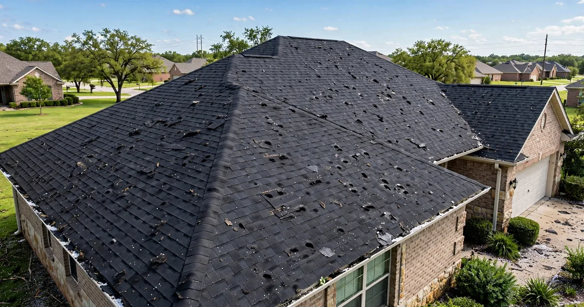 Roof repair in League City: hail impact marks across dark roof shingles