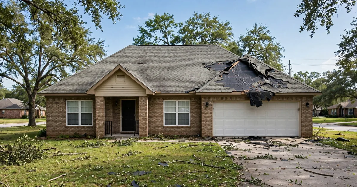 Missing shingles on a wind damaged Houston roof exposing dark underlayment