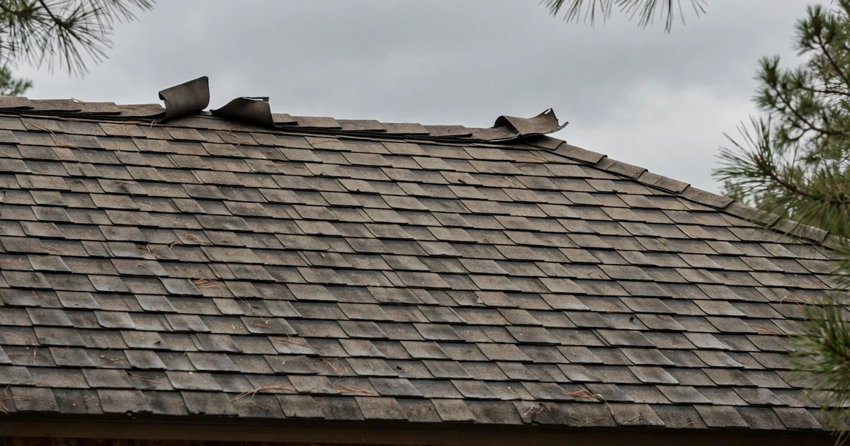Parkview South roof repair in Pasadena: close-up of a weathered 3-tab ridge with a few lifted, curled shingles, flat overcast light