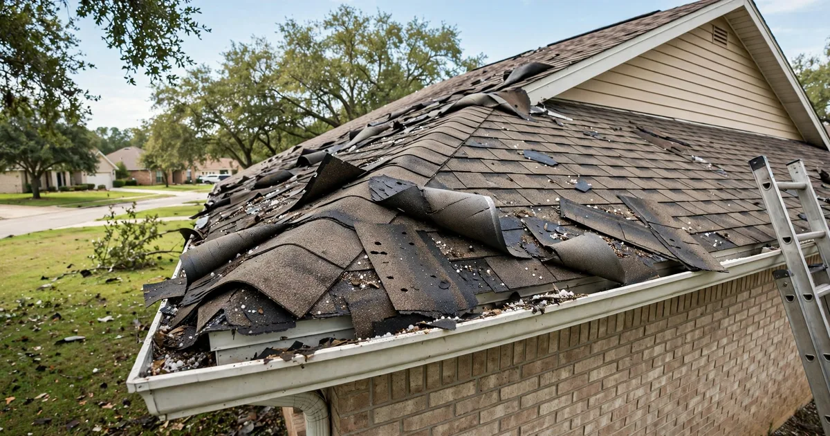Roof repair in Pasadena: curled hail-damaged shingles with ladder at the eave