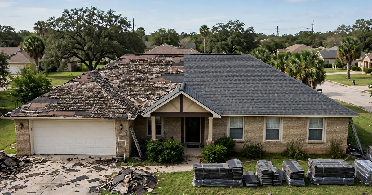 Roof replacement in Pasadena: half old shingles, half new shingles mid-installation