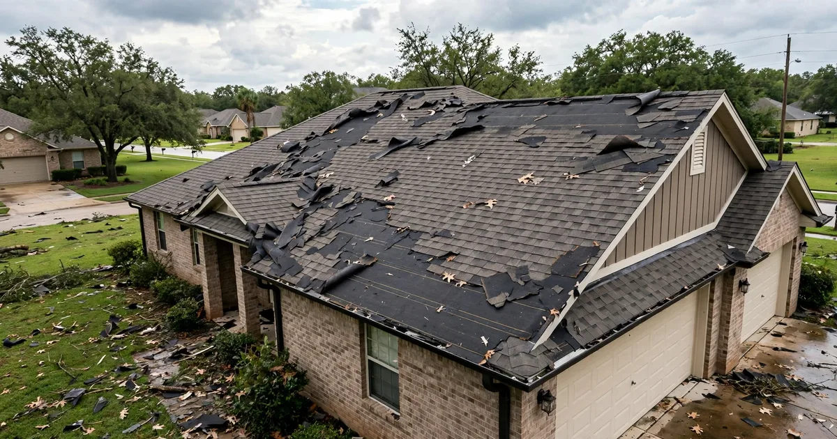 Roof repair in Pearland: missing shingles exposing underlayment after a storm
