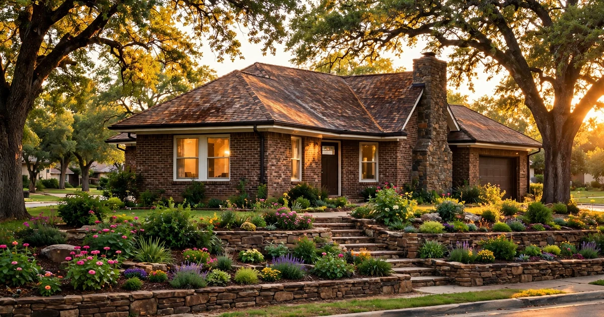 Red Bluff Terrace roof repair in Pasadena: brick ranch with aged copper-brown dimensional shingles and stone chimney at golden hour