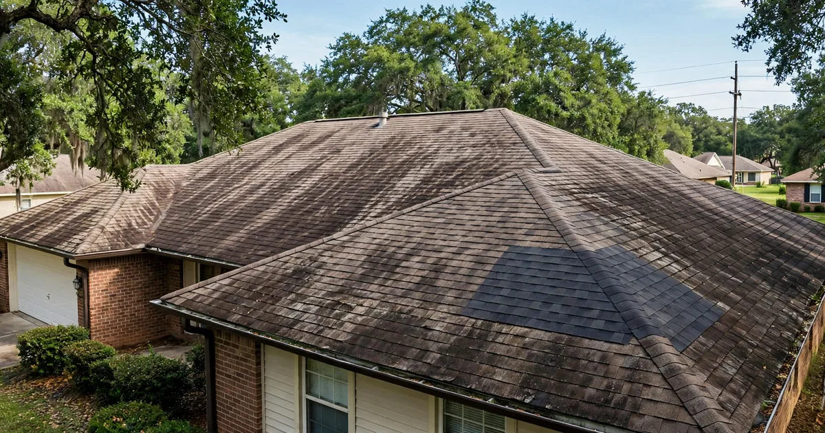 Roof repair cost: patched repair section visible among older weathered shingles