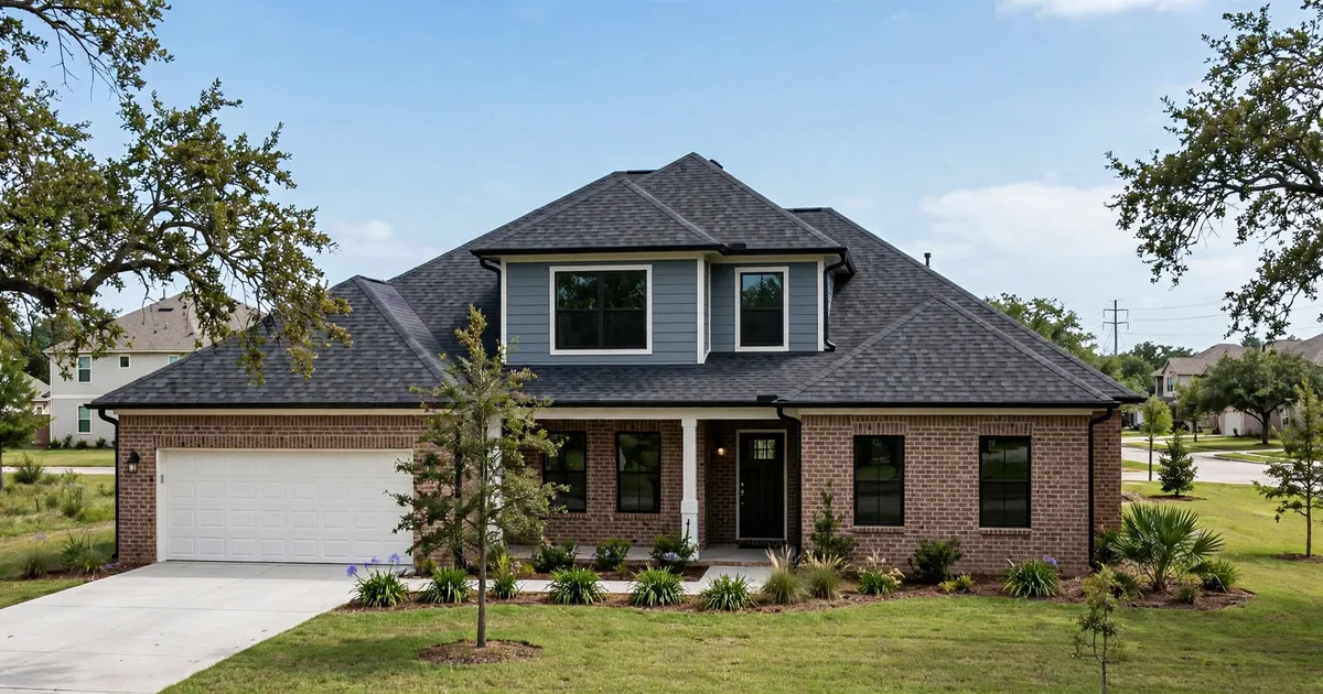 Roof replacement cost: two-story Texas home with a brand-new shingle roof