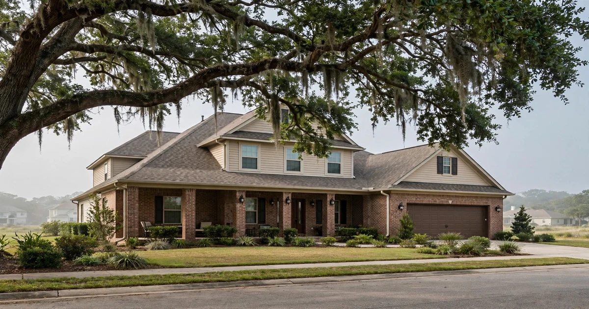 Rustic Oaks roof repair in League City: suburban home with dimensional shingles under a live oak canopy, coastal haze sky