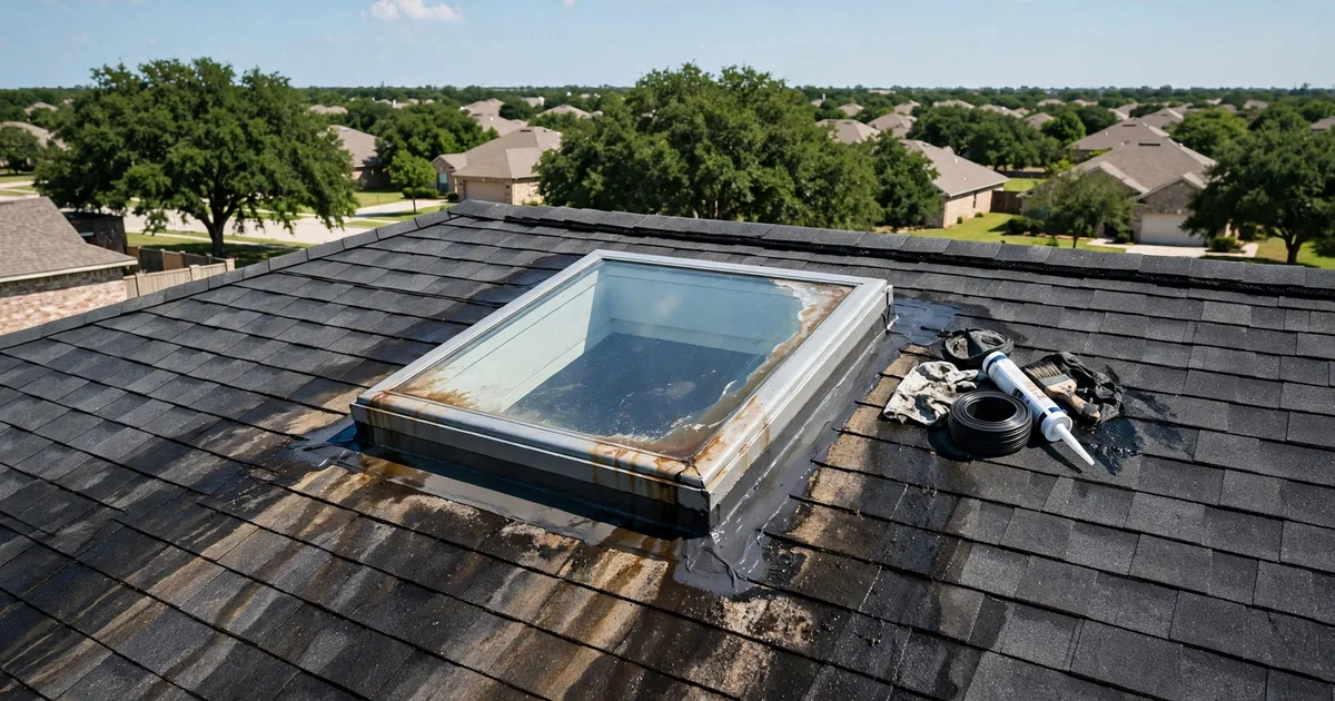 Roofer resealing the flashing around a skylight on a shingle roof