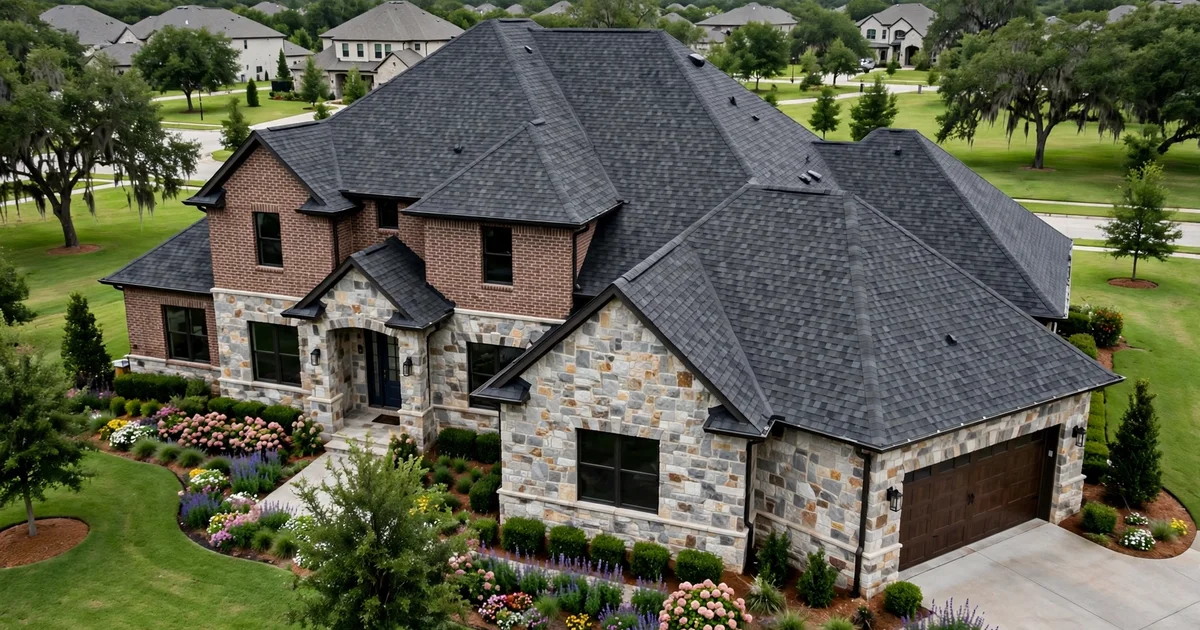Stonehaven roof repair in Sugar Land: suburban home with architectural shingle roof