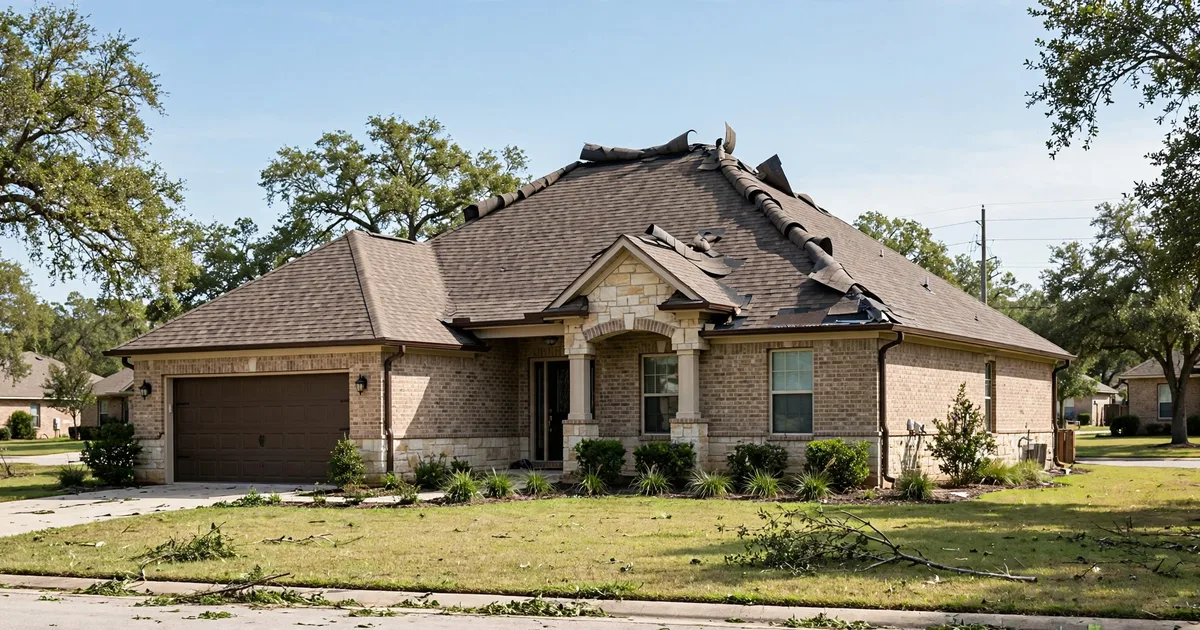 Roof repair in Sugar Land: wind-lifted shingles curled along the ridge line