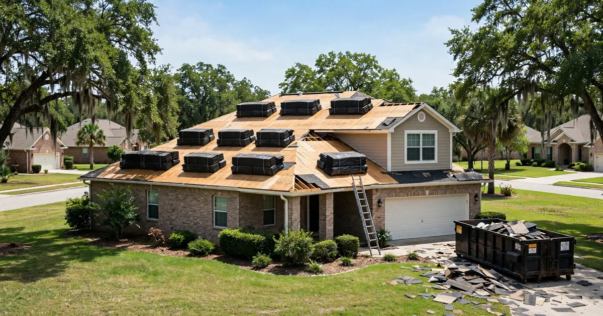 Roof replacement in Sugar Land: new shingle bundles staged on a stripped roof deck