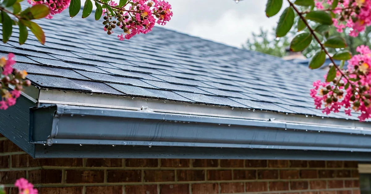 Turtle Creek roof repair in Pasadena: close-up of a slate blue-gray architectural shingle eave with clean drip edge and crepe myrtle blossoms, overcast