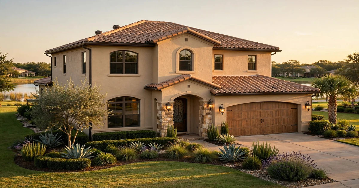 Tuscan Lakes roof repair in League City: Mediterranean stucco home with tile-look concrete roof at golden hour