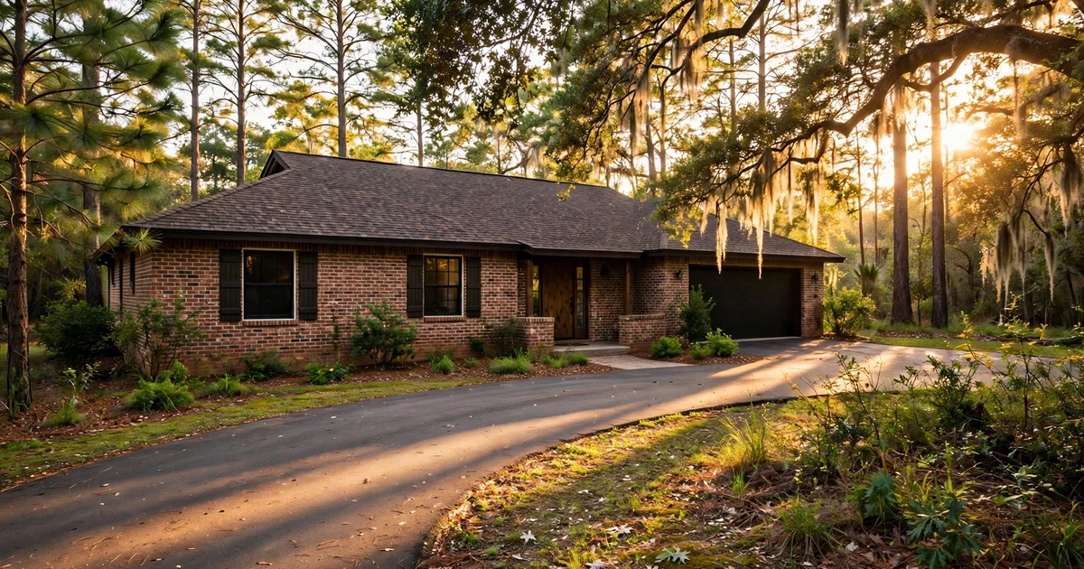 Village Grove roof repair in Pasadena: brick ranch with dark driftwood dimensional shingles, pines and live oaks glowing at golden hour
