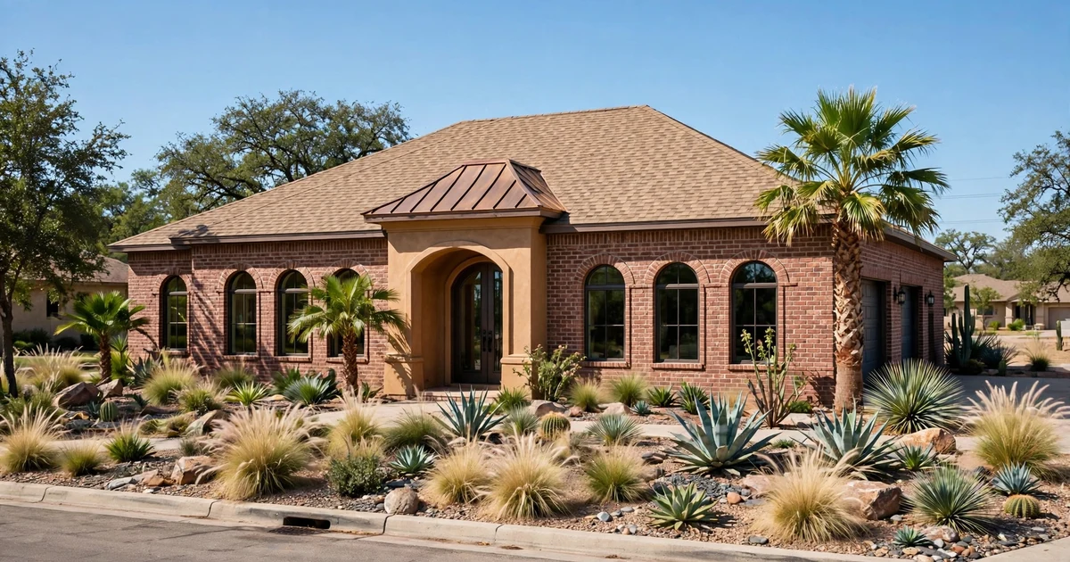 Vista Villas roof repair in Pasadena: villa-style brick home with desert-tan architectural shingles and metal accent over the entry, clear sky